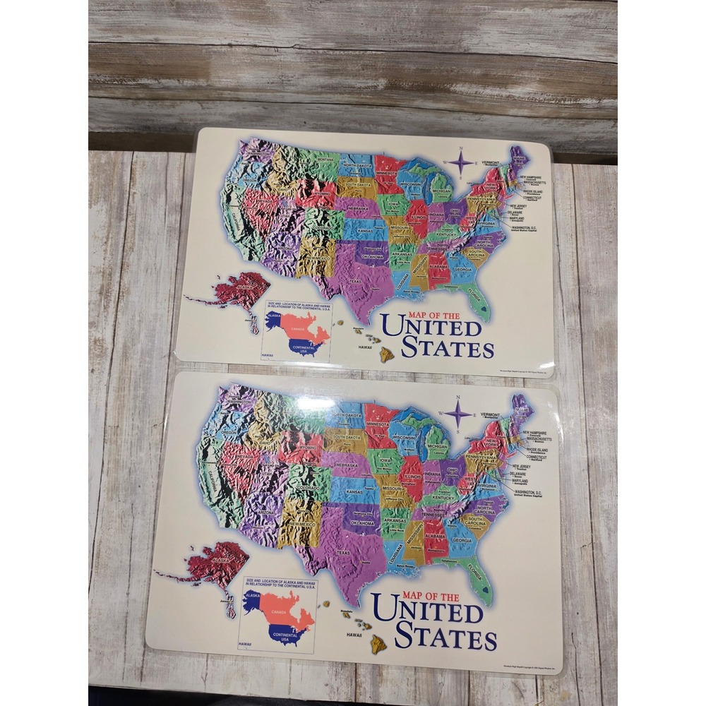 Vintage 1993 Mountain High Maps United States Placemats Set of 2 Educational USA